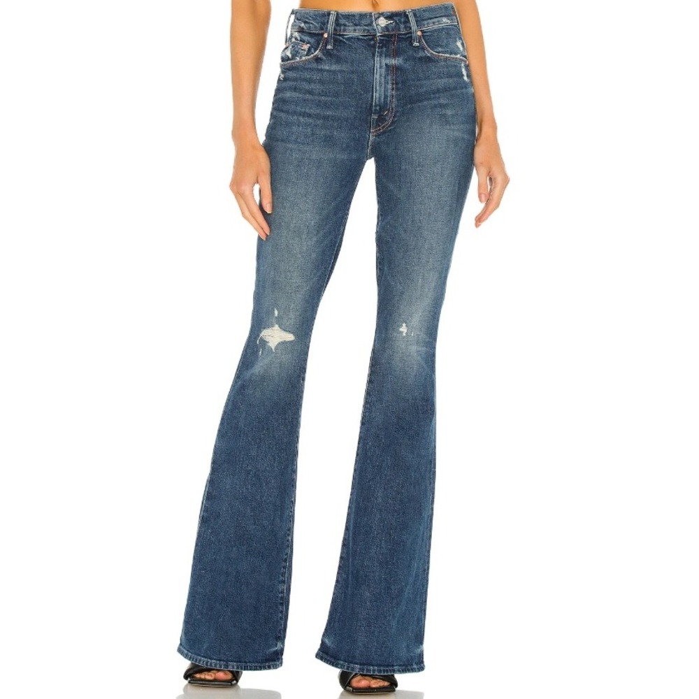 Mother Superior The Super Cruiser Flare Jeans Blue Distressed Raw Hem Denim 25
